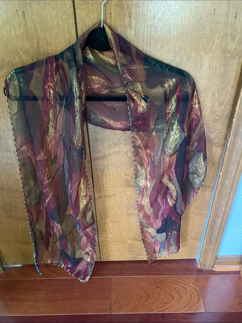 Sheer Metallic Patterned Scarf Jacket - Burgundy & Gold
